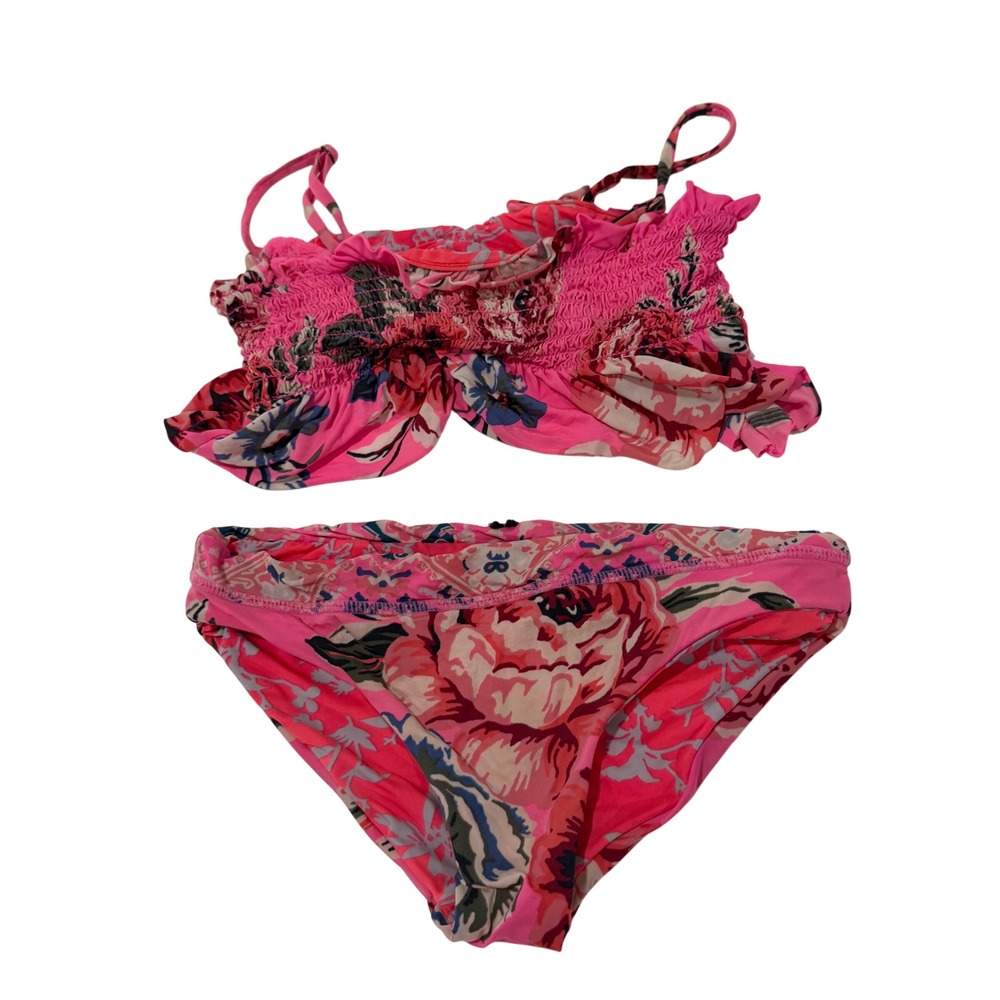 Maaji Pink Floral Smocked‎ Ruffle Bikini Set Size 6 23910 Swimsuit Two Piece